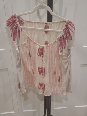 Free People Cream Blouse with Pink Print and Tassels